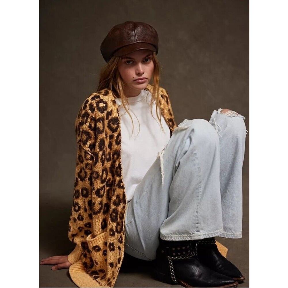Free People State Side Cardigan Leopard Soft Rib Knit Button Sz:Sm NWT Ret$168.